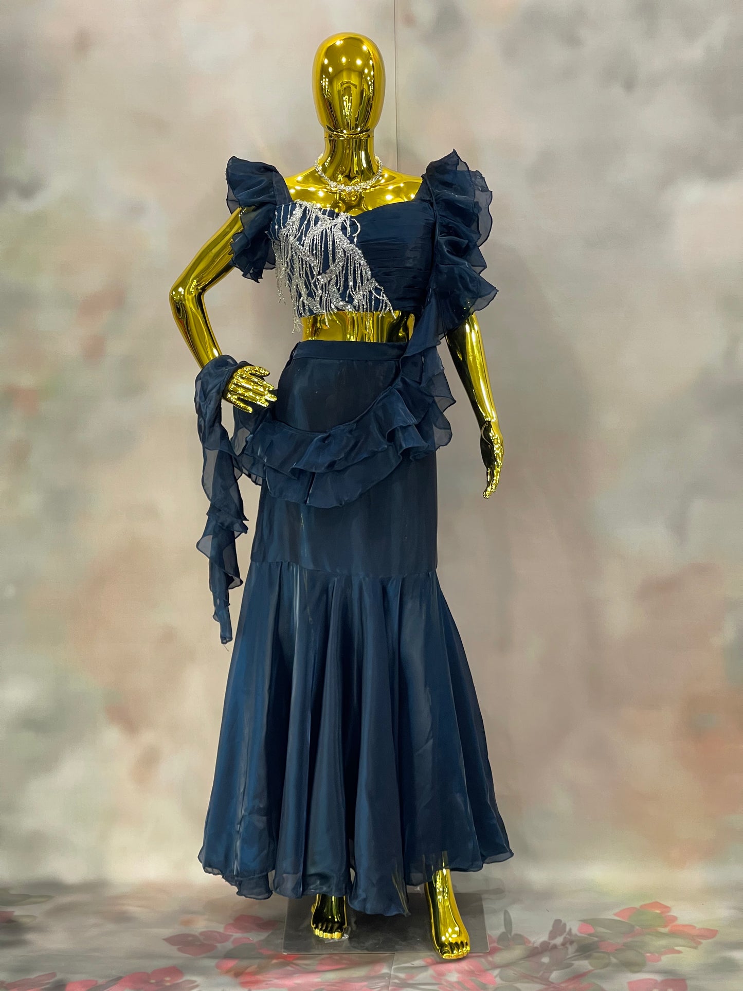 Midnight Ruffles – Navy Blue Sequin Saree Gown