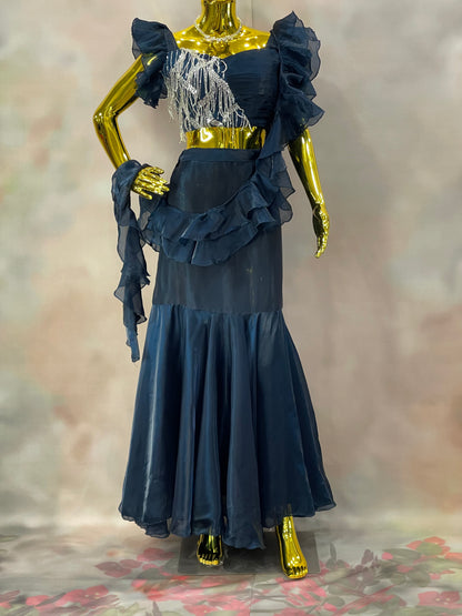 Midnight Ruffles – Navy Blue Sequin Saree Gown