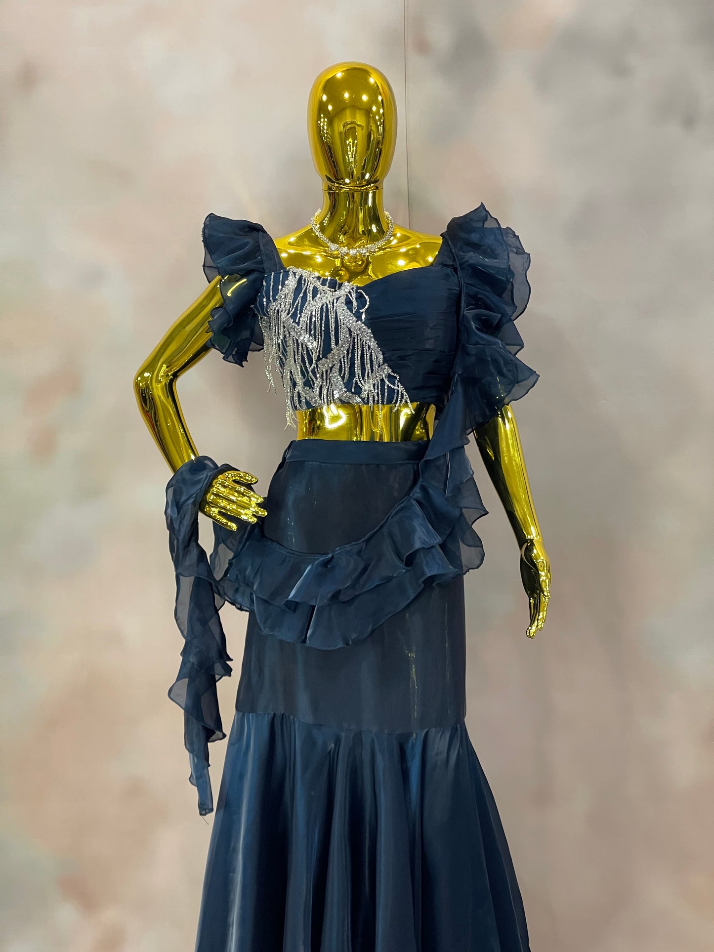 Midnight Ruffles – Navy Blue Sequin Saree Gown