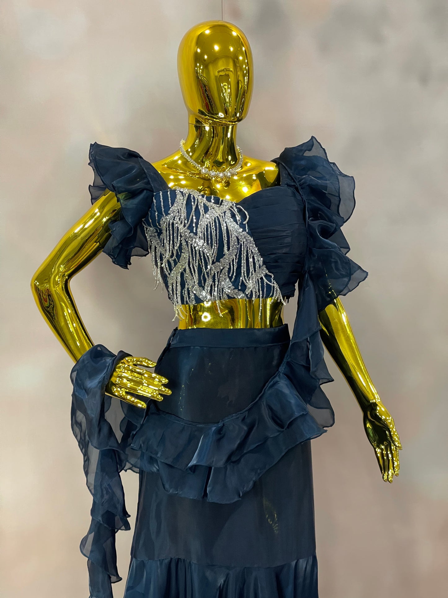 Midnight Ruffles – Navy Blue Sequin Saree Gown