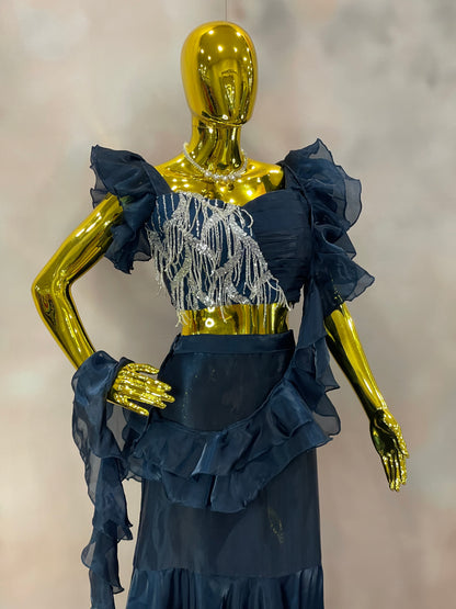 Midnight Ruffles – Navy Blue Sequin Saree Gown