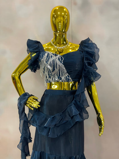 Midnight Ruffles – Navy Blue Sequin Saree Gown
