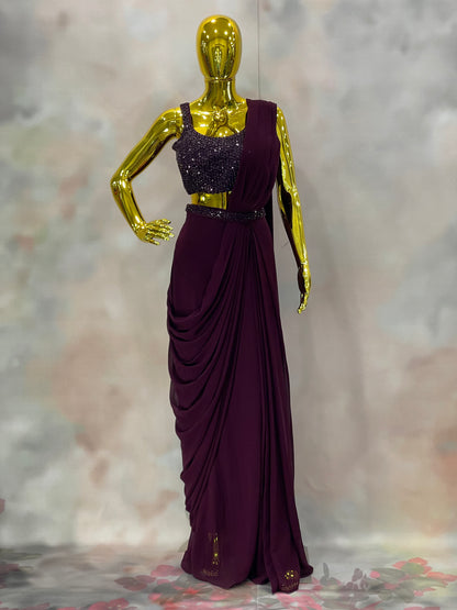 Plum Elegance – Sequin Drape Saree Gown