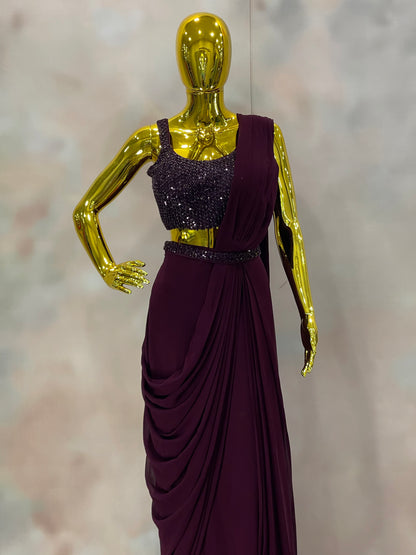 Plum Elegance – Sequin Drape Saree Gown