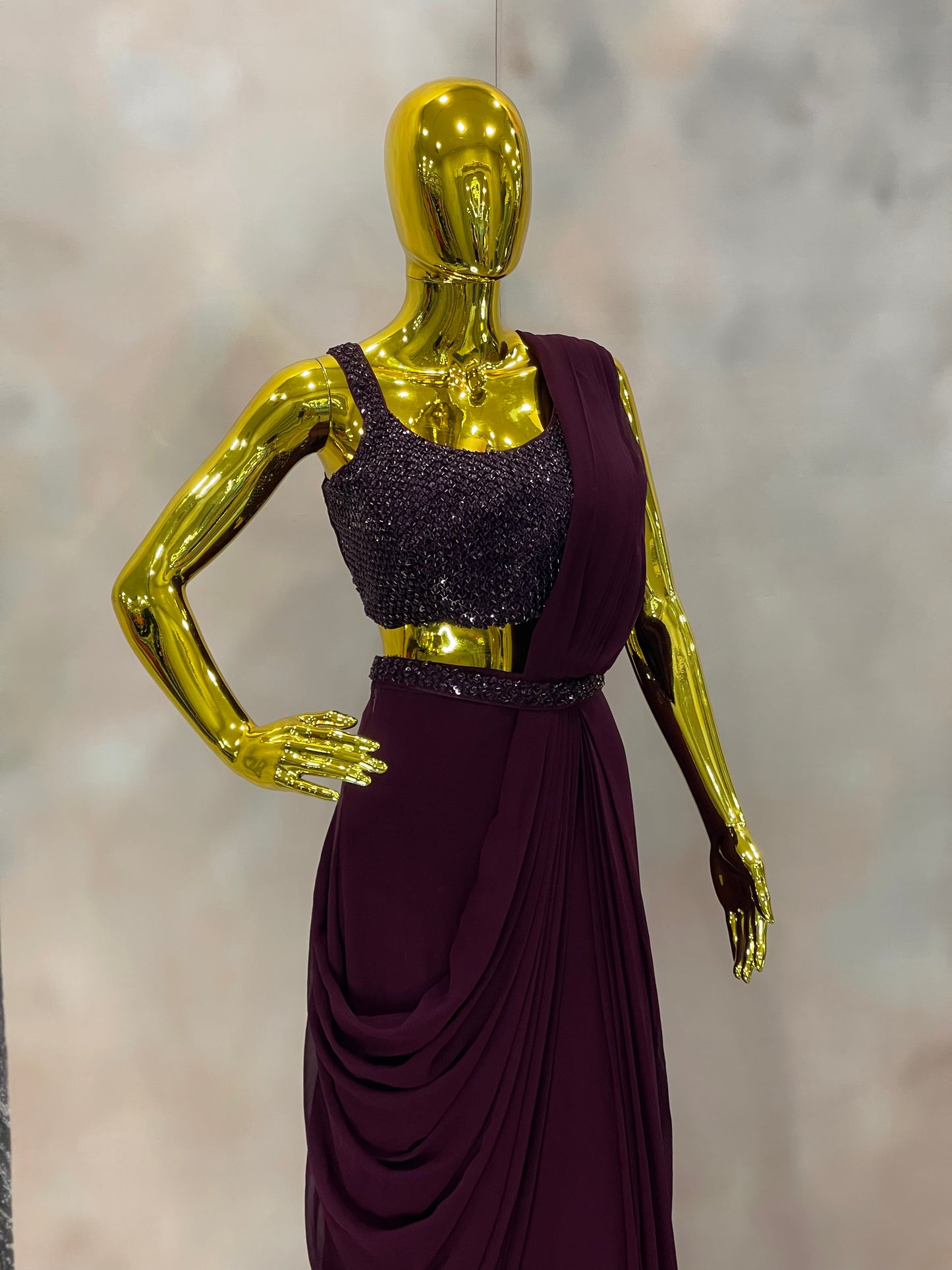 Plum Elegance – Sequin Drape Saree Gown