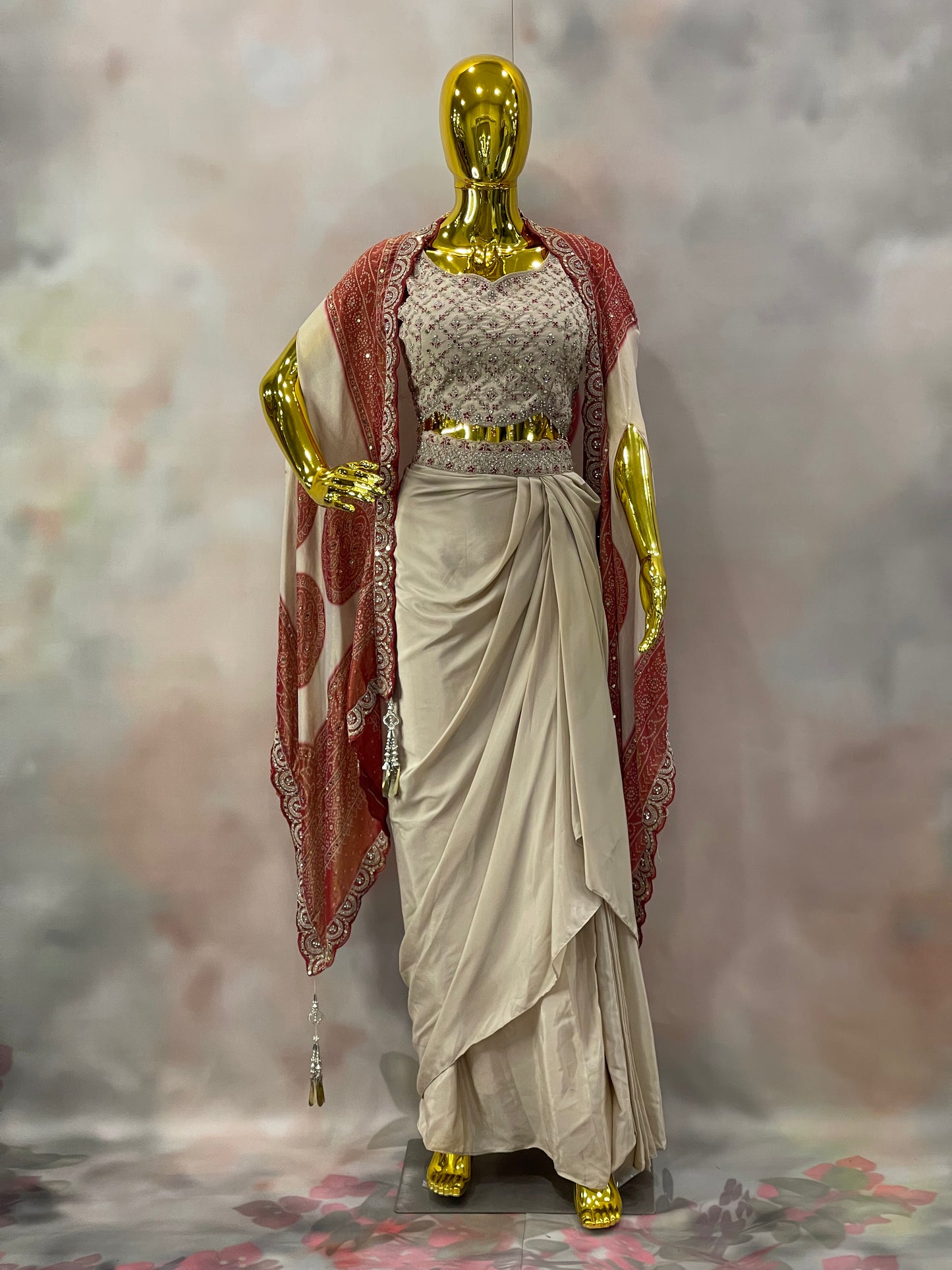 Ivory Grace – Embellished Saree Gown with Red Dupatta