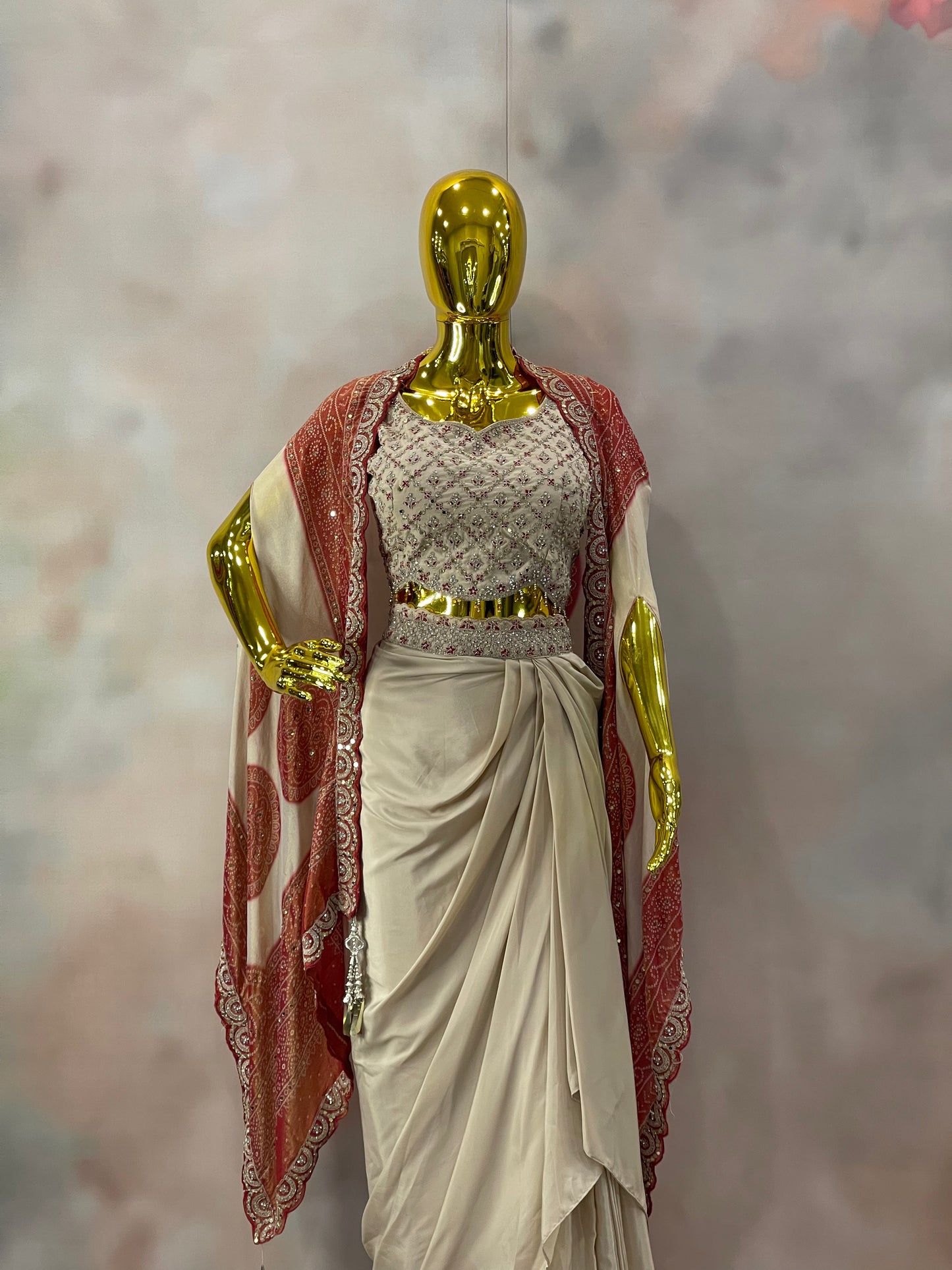 Ivory Grace – Embellished Saree Gown with Red Dupatta