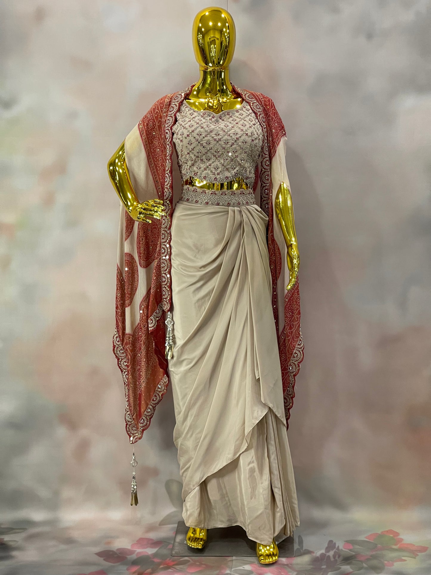 Ivory Grace – Embellished Saree Gown with Red Dupatta