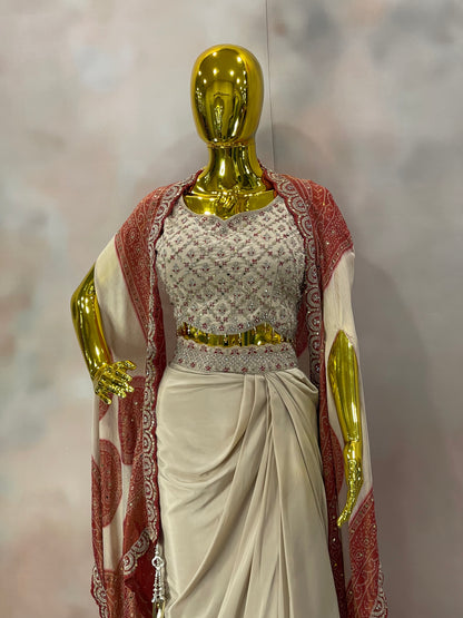 Ivory Grace – Embellished Saree Gown with Red Dupatta