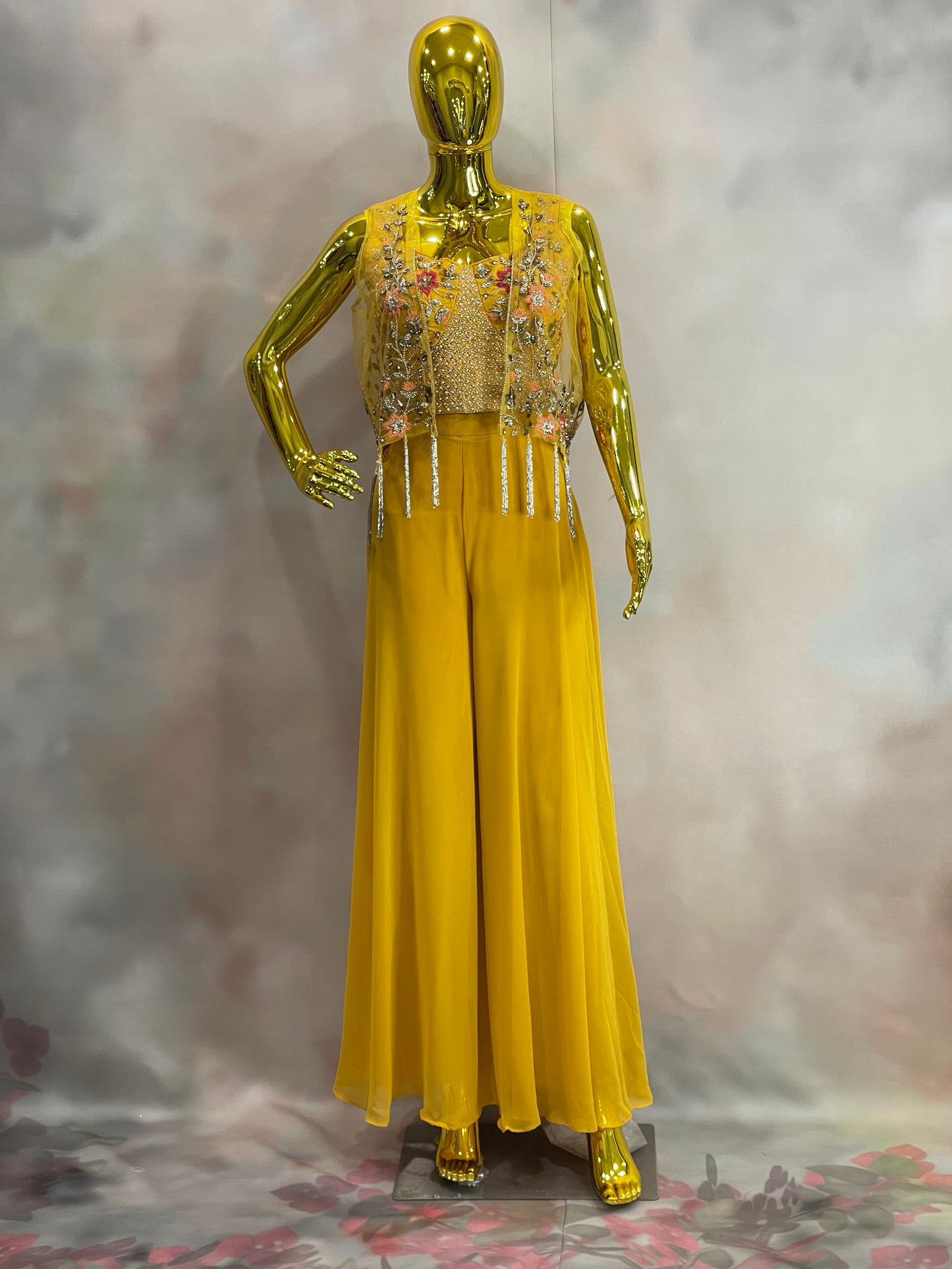 Sunlit Charm – Yellow Palazzo Set with Embroidered Jacket