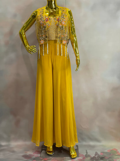 Sunlit Charm – Yellow Palazzo Set with Embroidered Jacket