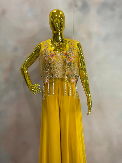 Sunlit Charm – Yellow Palazzo Set with Embroidered Jacket