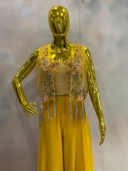 Sunlit Charm – Yellow Palazzo Set with Embroidered Jacket
