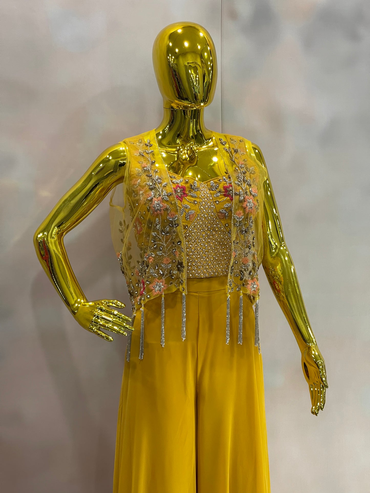 Sunlit Charm – Yellow Palazzo Set with Embroidered Jacket