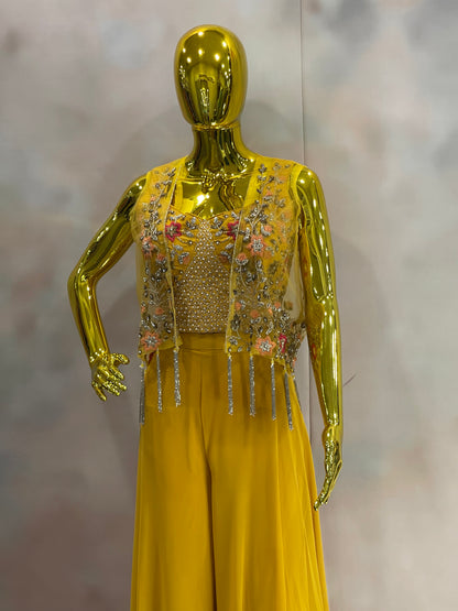 Sunlit Charm – Yellow Palazzo Set with Embroidered Jacket