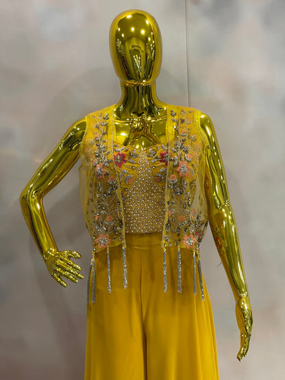 Sunlit Charm – Yellow Palazzo Set with Embroidered Jacket