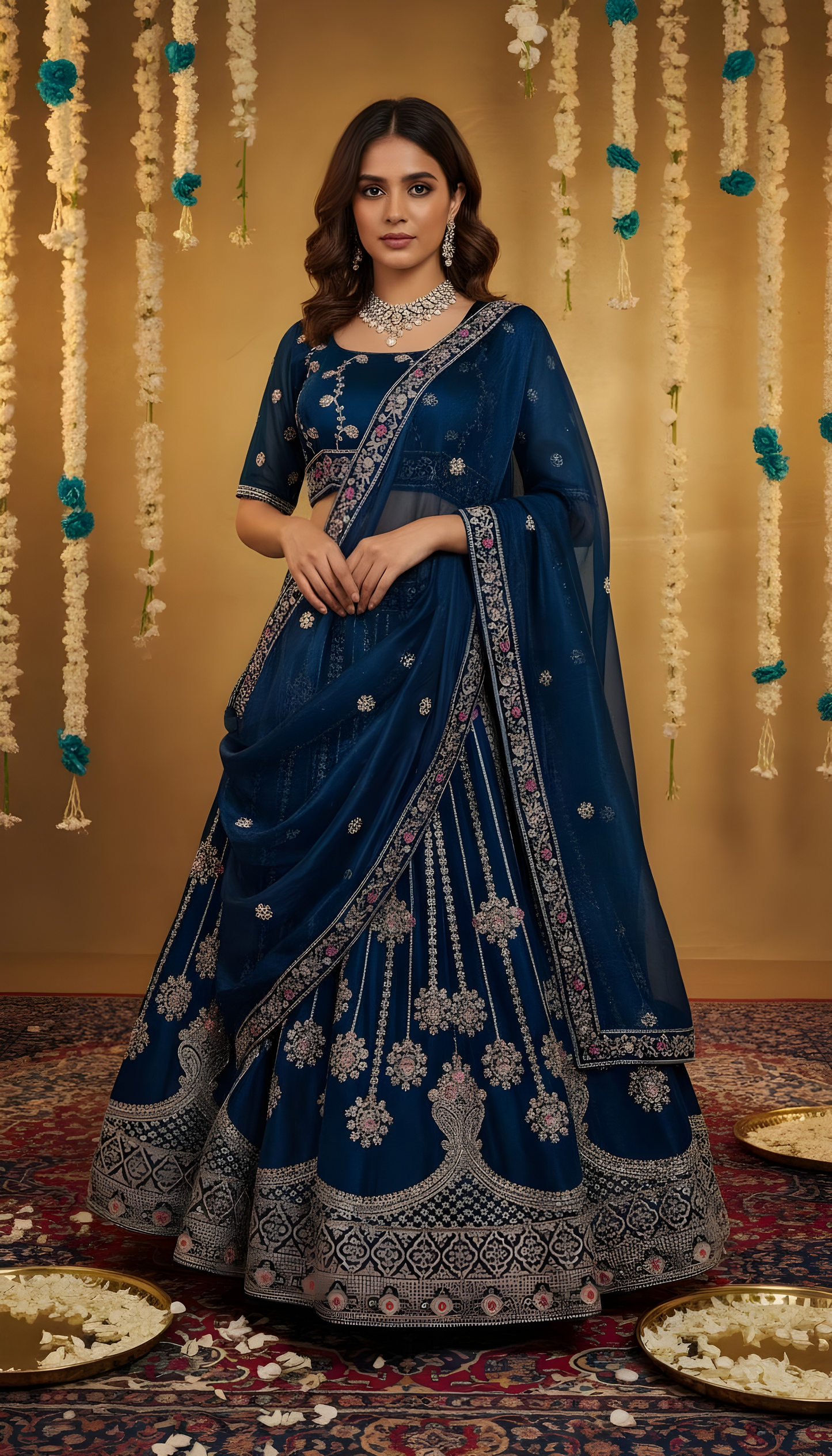 Midnight Bloom – Navy Blue Embroidered Lehenga Set