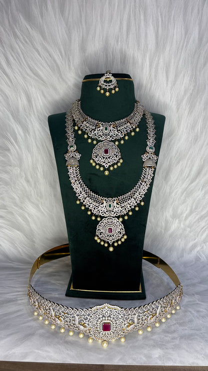Diamond Finish Bridal Jewellery Set with Ruby Accents