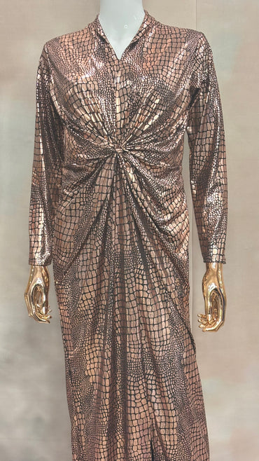 Molten Bronze – Metallic Knotted Gown with Luxe Sheen