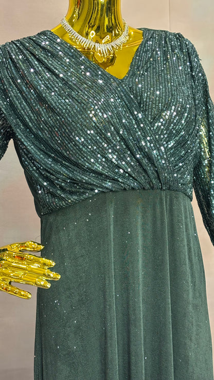 Emerald Shimmer – Dark Green Sequin Gown with Draped Bodice