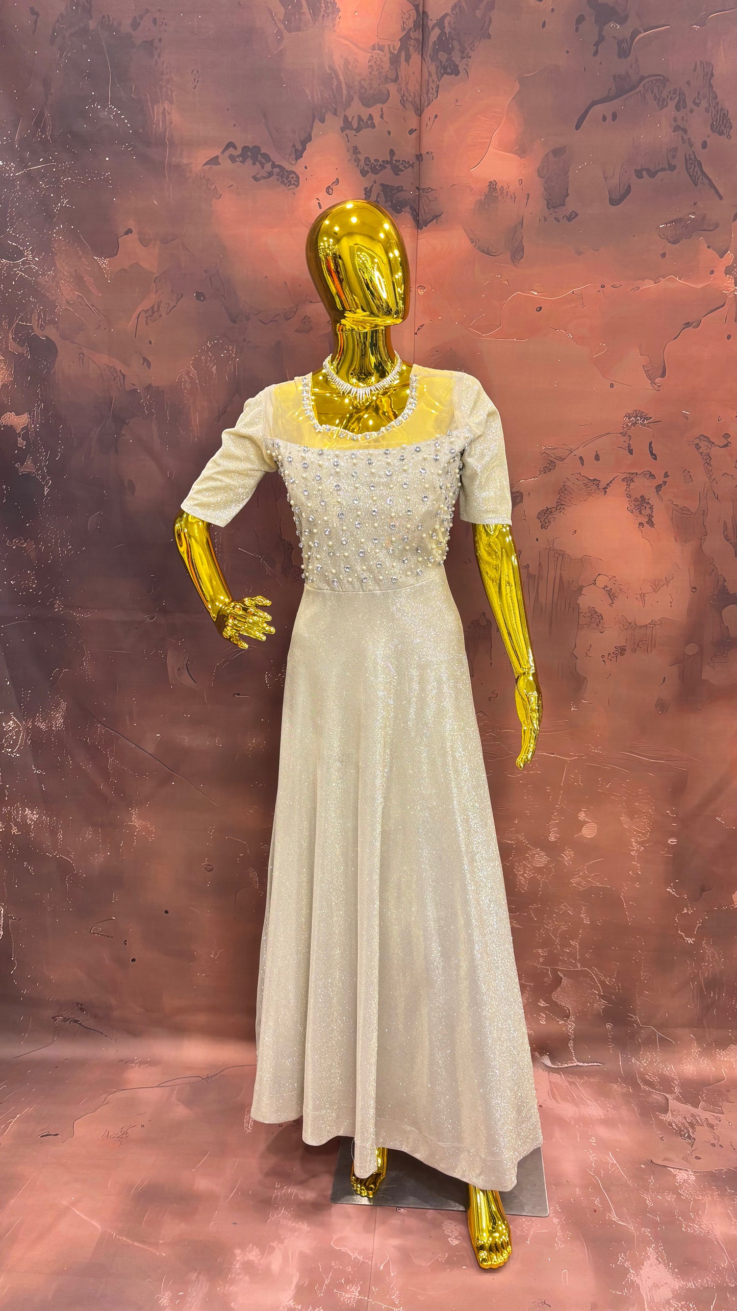 Ivory Radiance – Pearl Embellished Shimmer Gown