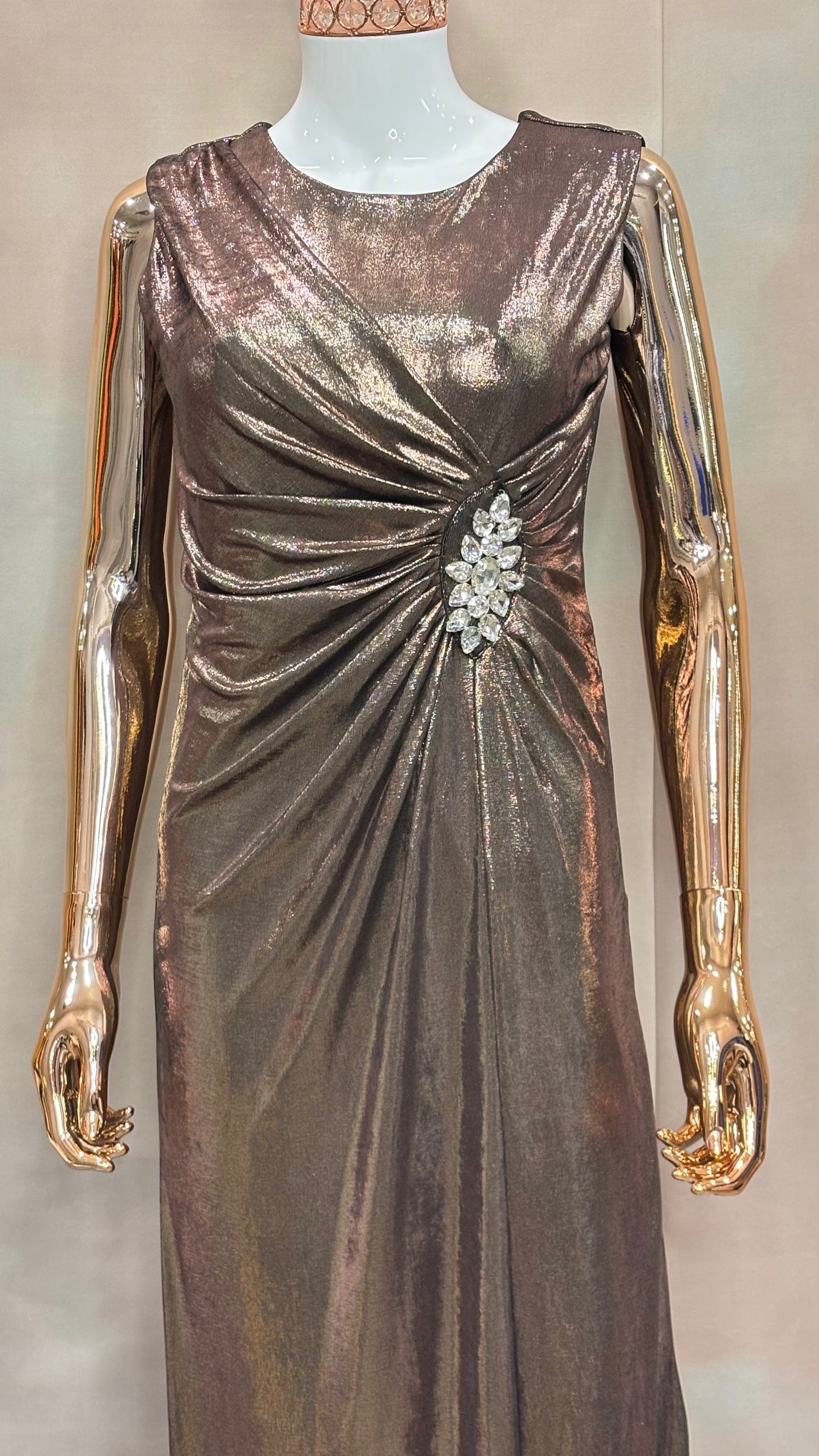 Bronzed Elegance – Metallic Drape Gown with Crystal Brooch Detail