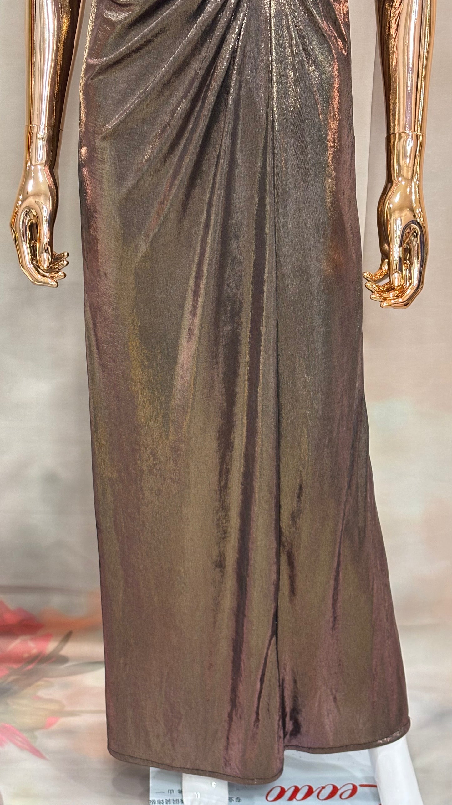 Bronzed Elegance – Metallic Drape Gown with Crystal Brooch Detail