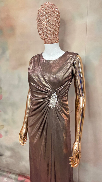 Bronzed Elegance – Metallic Drape Gown with Crystal Brooch Detail