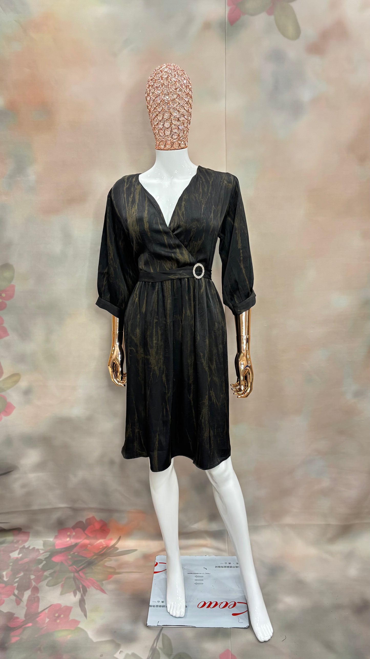 Midnight Marble – Belted Wrap Dress with Smoky Gold Veins