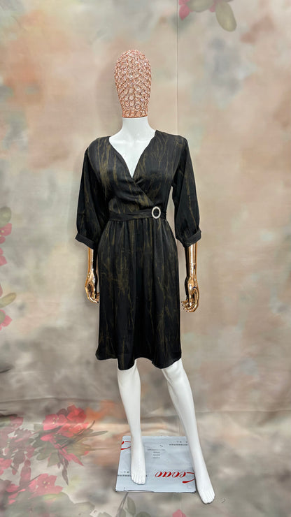 Midnight Marble – Belted Wrap Dress with Smoky Gold Veins