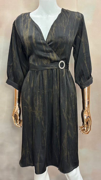 Midnight Marble – Belted Wrap Dress with Smoky Gold Veins