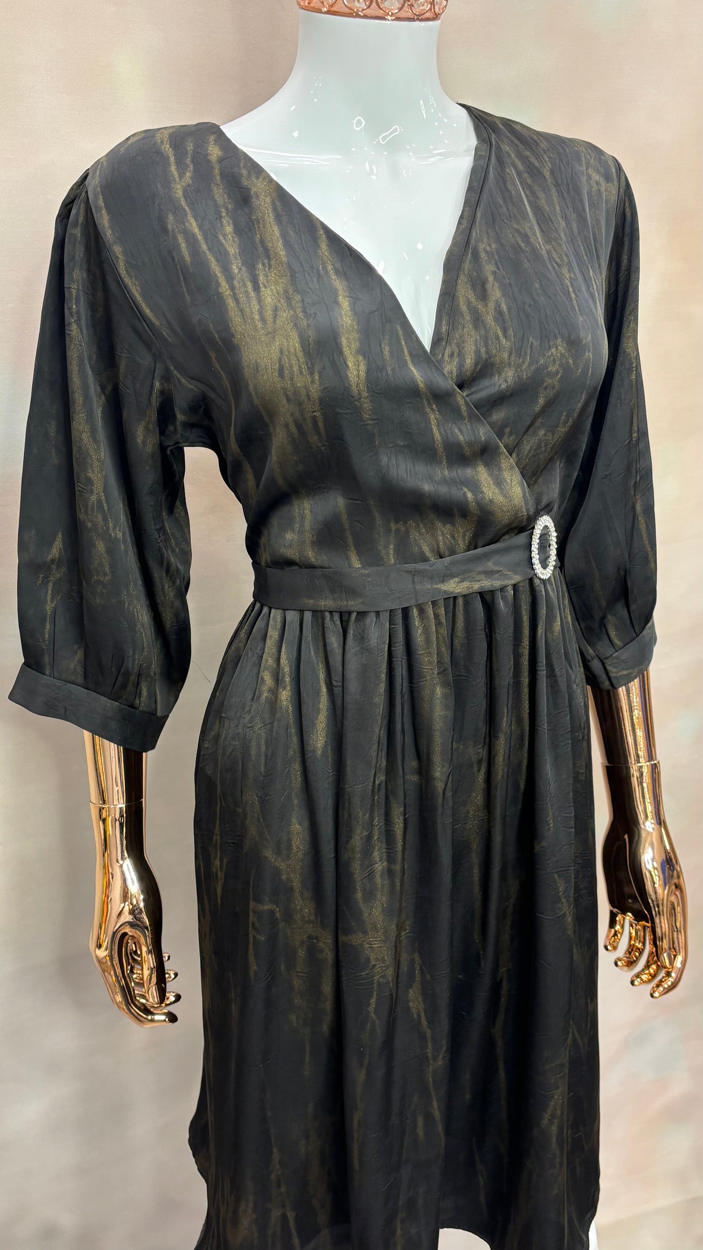Midnight Marble – Belted Wrap Dress with Smoky Gold Veins