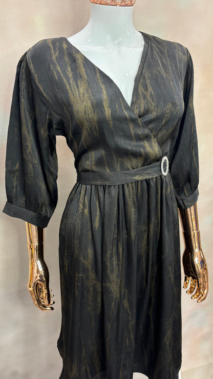 Midnight Marble – Belted Wrap Dress with Smoky Gold Veins
