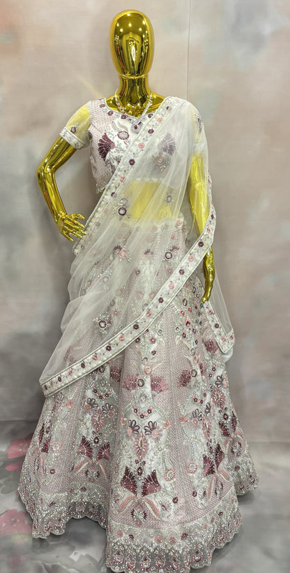 Blossom Ivory Lehenga – White and Pink Floral Lehenga Set