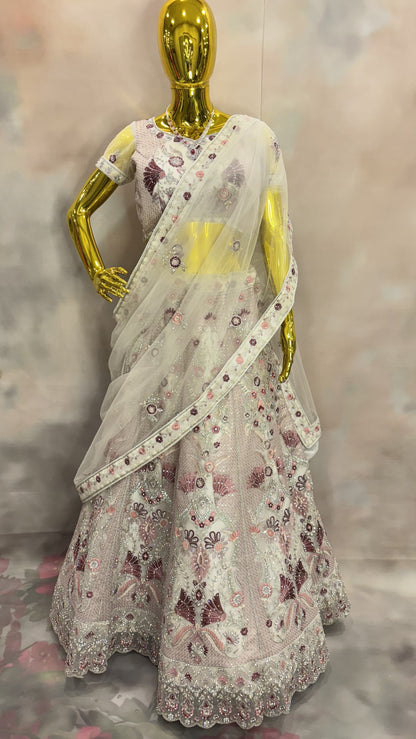 Blossom Ivory Lehenga – White and Pink Floral Lehenga Set