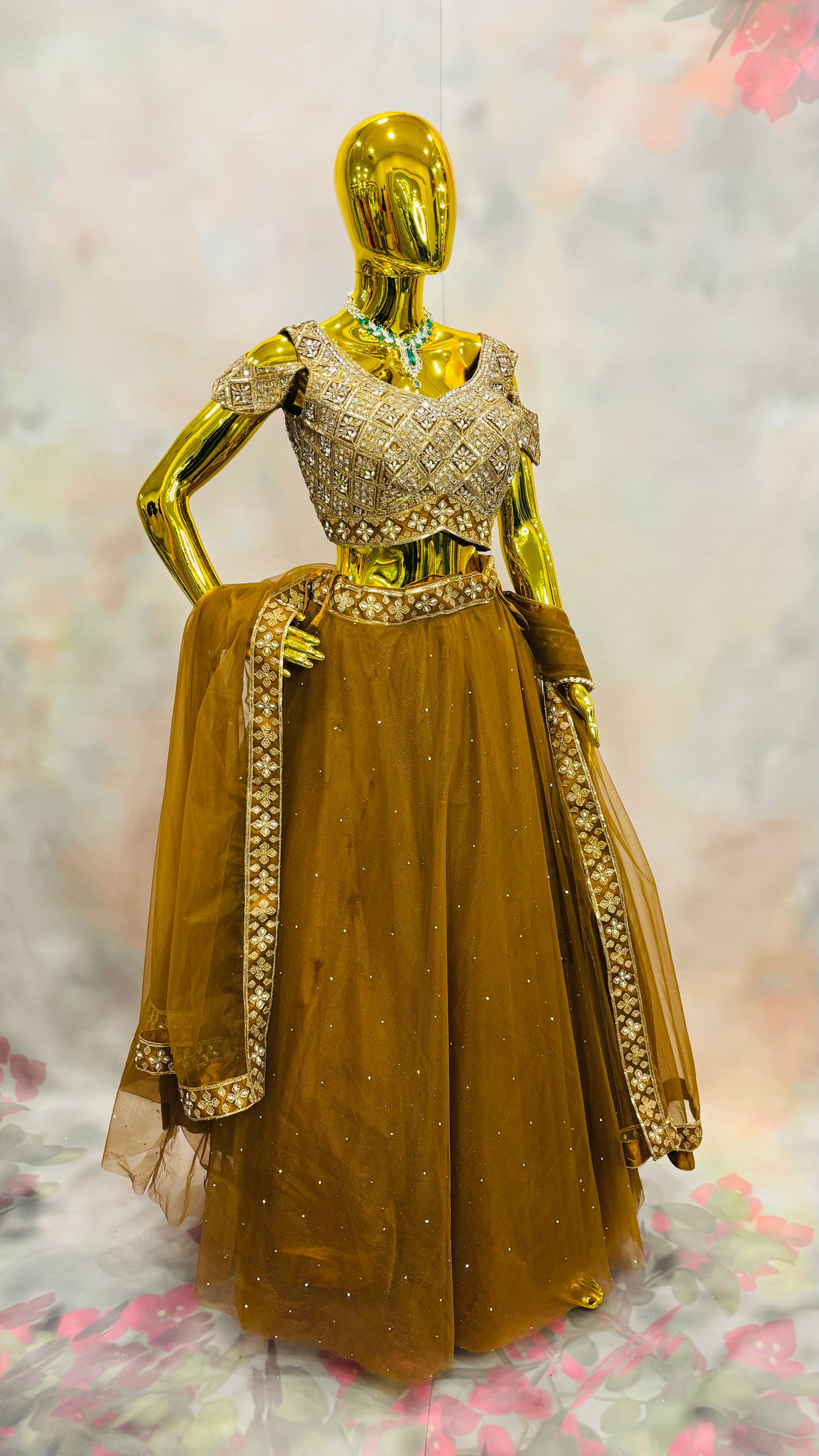 Golden Ember – Velvet Mirror Work Lehenga Set