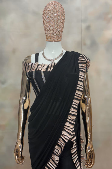 Midnight Glam – Black Ruffled Saree with Metallic Striped Palazzo