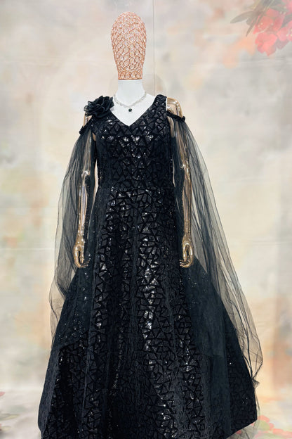 Midnight Rose Gown – Black Sequin Evening Gown with Net Cape Sleeves