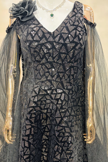 Midnight Rose Gown – Black Sequin Evening Gown with Net Cape Sleeves