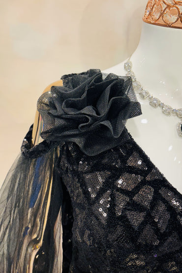 Midnight Rose Gown – Black Sequin Evening Gown with Net Cape Sleeves