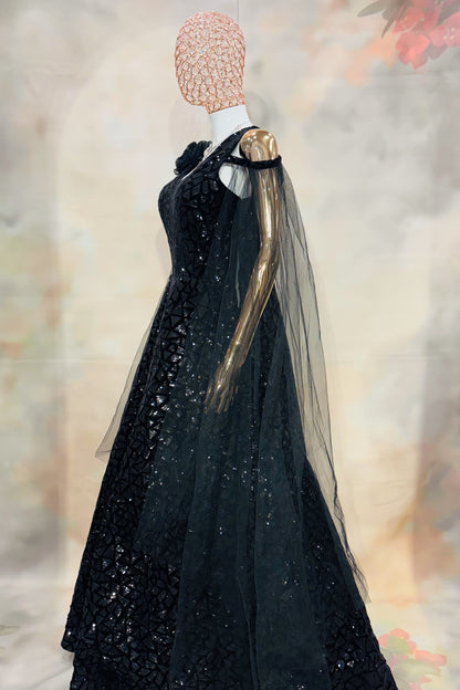 Midnight Rose Gown – Black Sequin Evening Gown with Net Cape Sleeves