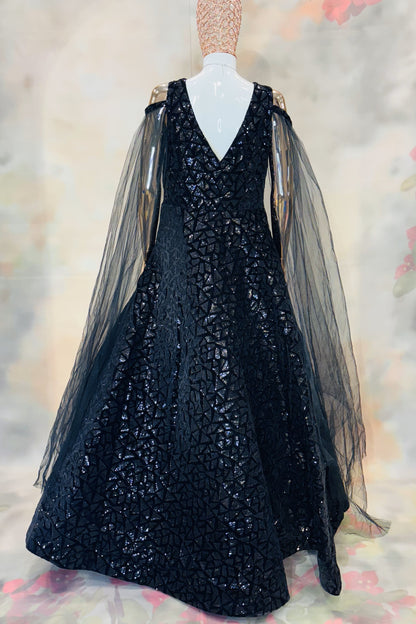 Midnight Rose Gown – Black Sequin Evening Gown with Net Cape Sleeves