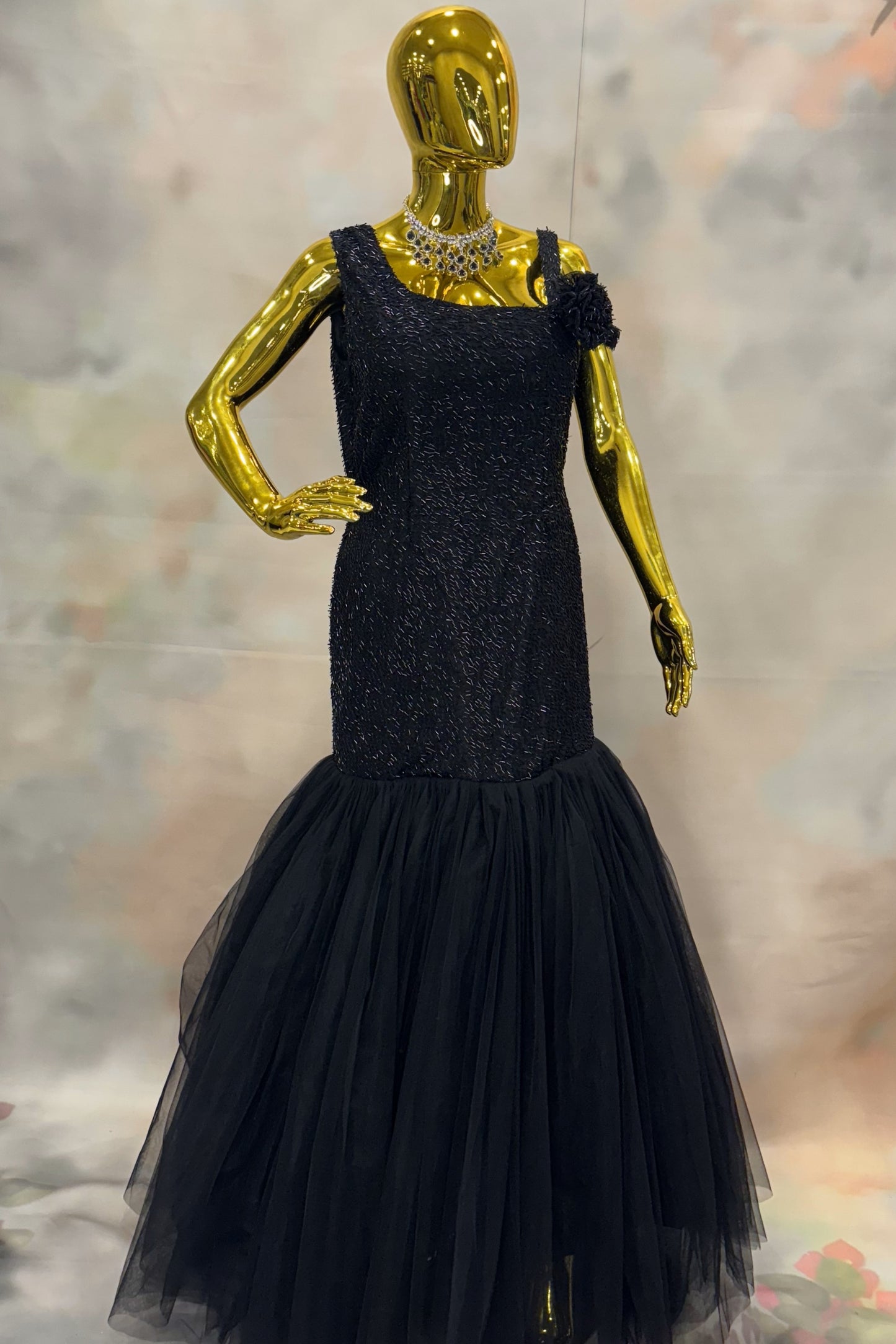 Classic Black Mermaid Gown with Tulle Flare