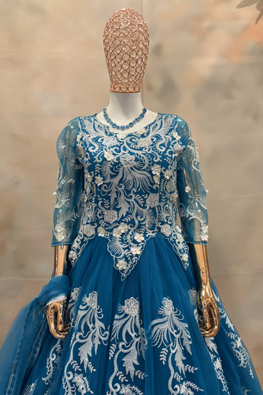 Ocean Bloom – Teal Blue Embroidered Ball Gown with Pearl Floral Accents