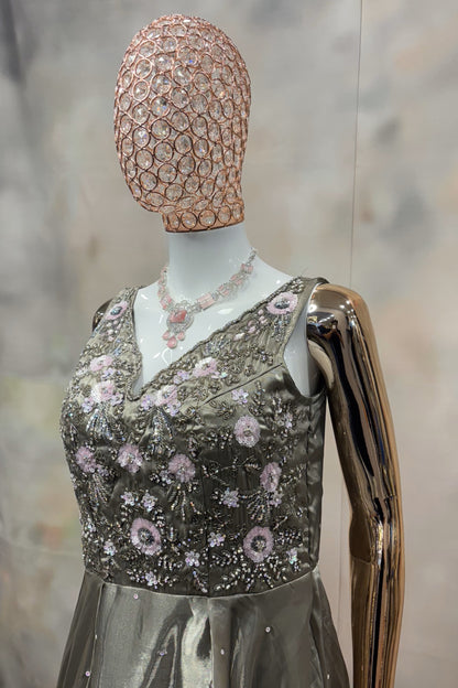 Olive Luxe Gleam – Embroidered Gown with Sequinned Bodice