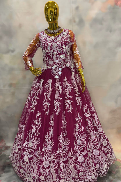 Rose Élan – Magenta Embroidered Gown with Floral Threadwork