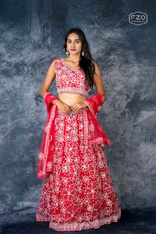 Scarlet Bloom – Red Mirror Embroidered Lehenga for Grand Occasions