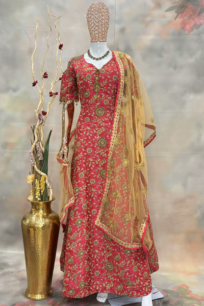 Royal Rouge Bloom – Embroidered Red Anarkali Set with Net Dupatta