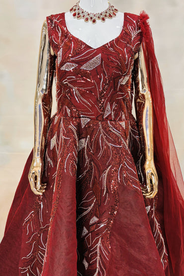 Deep Maroon Sequin-Embroidered Gown with Dramatic Flair