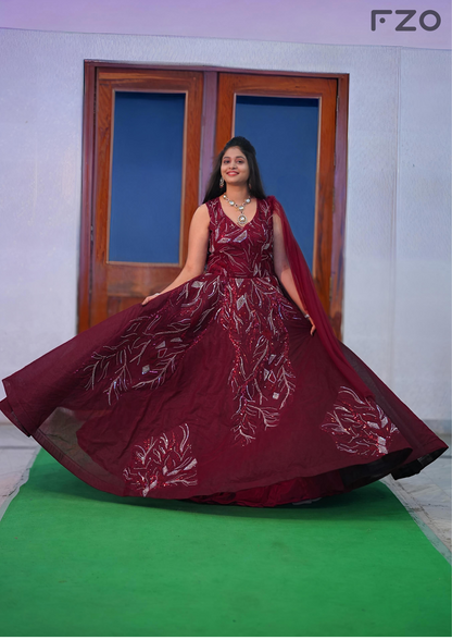 Deep Maroon Sequin-Embroidered Gown with Dramatic Flair